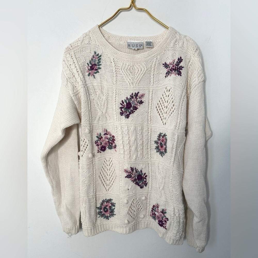 Vintage Russ Cream Floral Open Knit Oversized Cozy Grandma Sweater Women’s Small